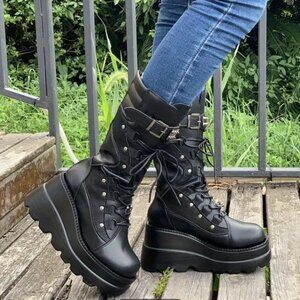 Platform Wedge Mid Calf Boots, Mesh Lace Up Square Toe Moto Boots